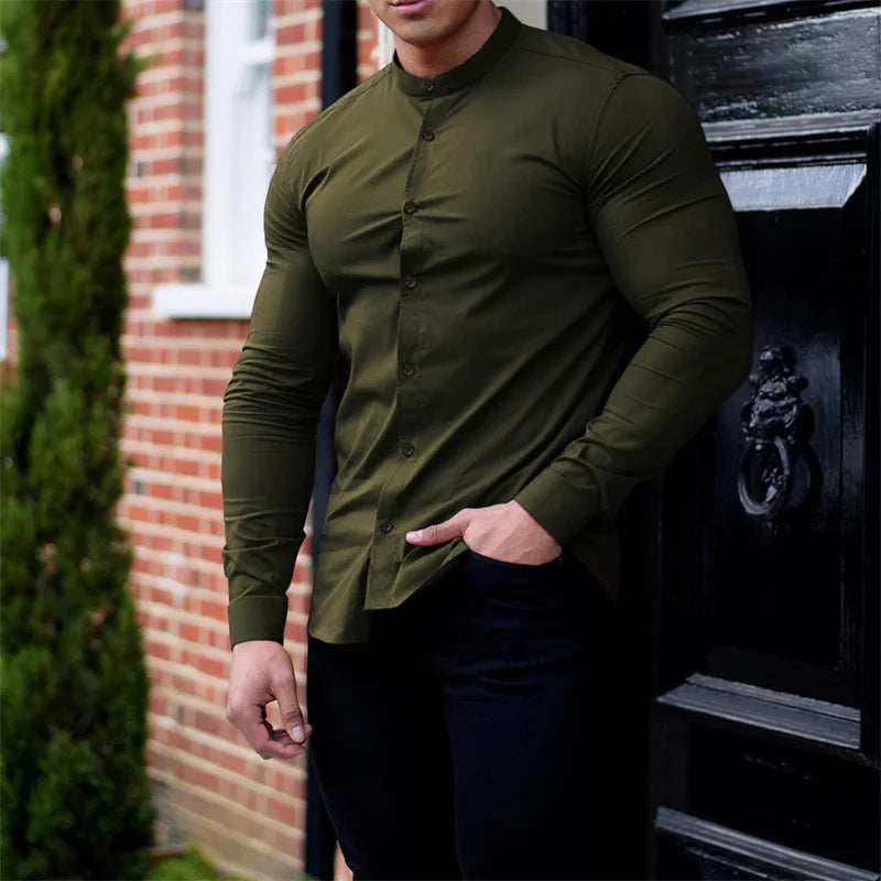 High Elasticity GYM Long Sleeved Men's Shirt Solid Summer Casual Standing Collar Shirt Hawaiian Street Wear Daily Men's Shirt