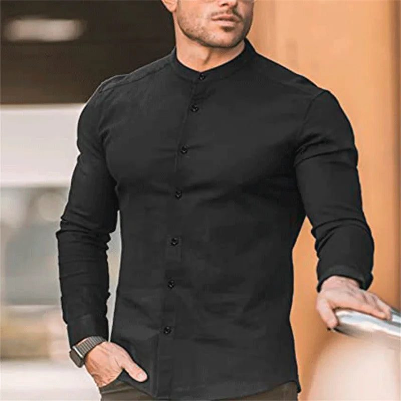 High Elasticity GYM Long Sleeved Men's Shirt Solid Summer Casual Standing Collar Shirt Hawaiian Street Wear Daily Men's Shirt