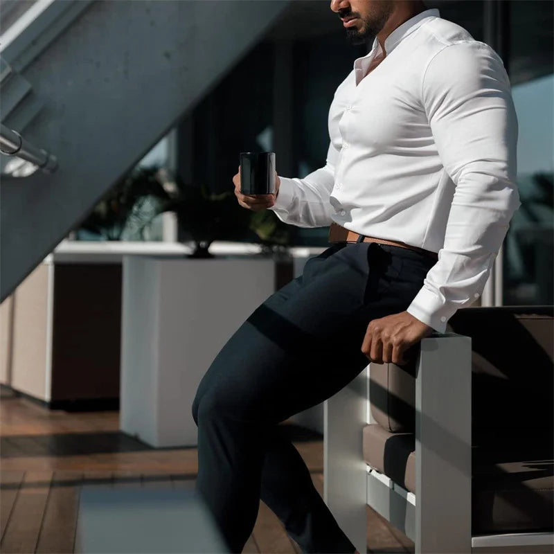 High Elasticity GYM Long Sleeved Men's Shirt Solid Summer Casual Standing Collar Shirt Hawaiian Street Wear Daily Men's Shirt