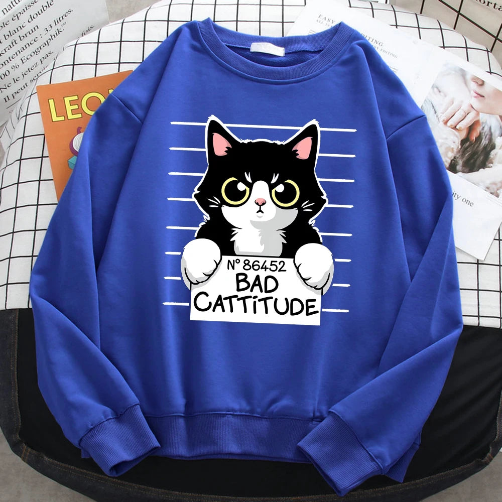 Autumn Winter Womens Pullover No86452 Bad Cattitude Funny Cat Print Hoodie Fleece All-Math Sweatshirts Warm Crewneck Ladies Tops