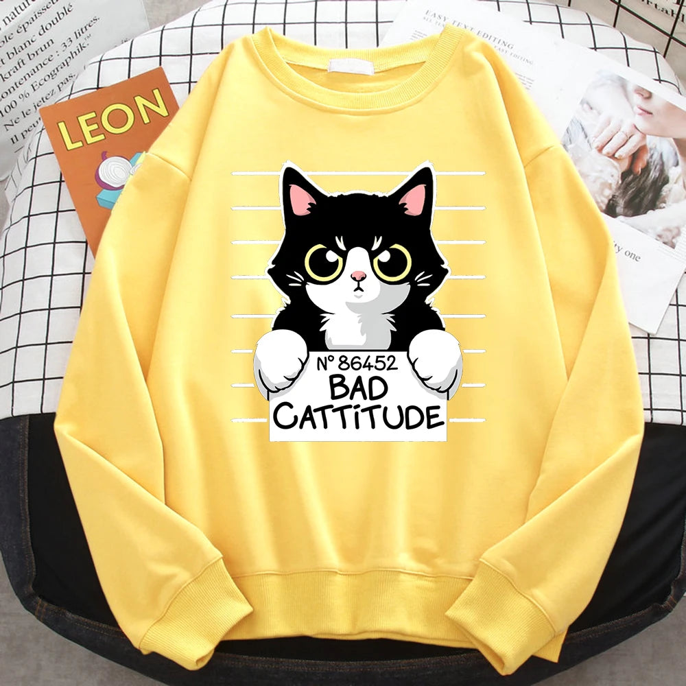 Autumn Winter Womens Pullover No86452 Bad Cattitude Funny Cat Print Hoodie Fleece All-Math Sweatshirts Warm Crewneck Ladies Tops