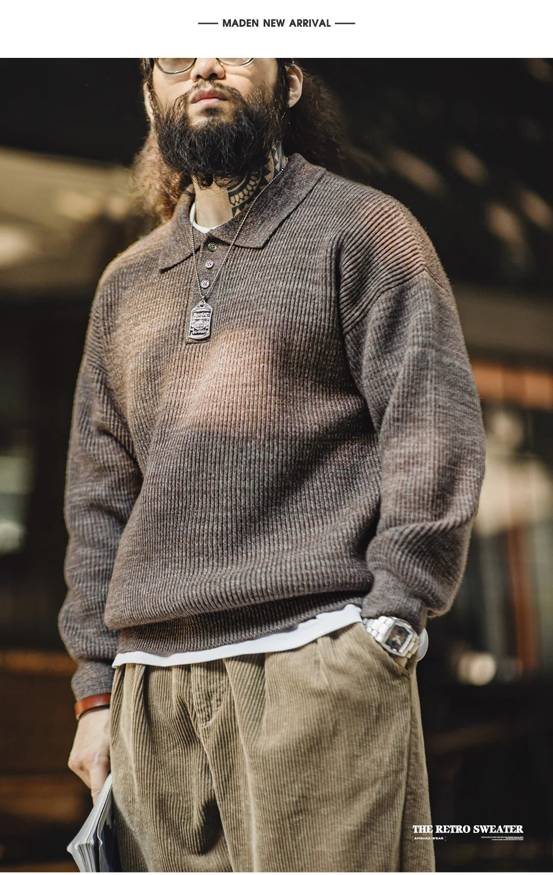 Maden Retro Knitted Polo Shirt Loose Coffee Color Lapel Sweater Autumn Winter Men's Uncle Fu Jumper Casual Knitwear