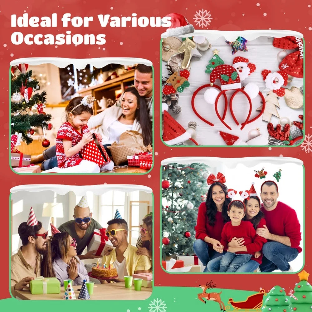 12Pcs/Set Cute Christmas Headbands Christmas Hair Hoop Santa Claus Hair Band Reindeer Head Hat Toppers Funny Holiday Headband