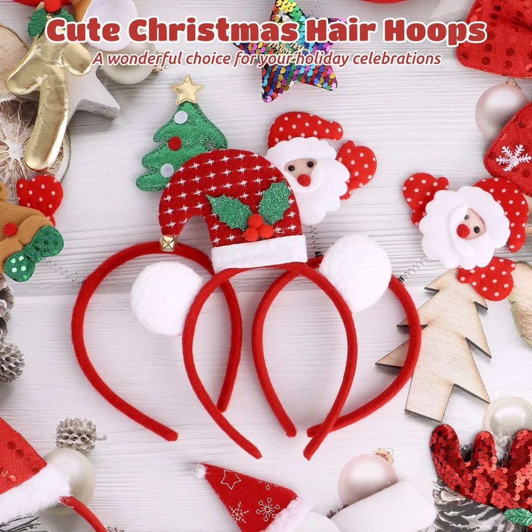 12Pcs/Set Cute Christmas Headbands Christmas Hair Hoop Santa Claus Hair Band Reindeer Head Hat Toppers Funny Holiday Headband