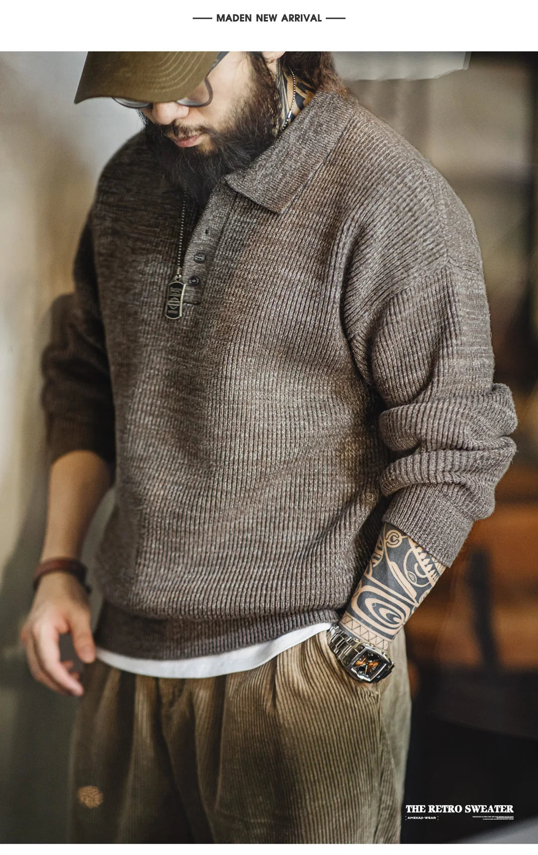 Maden Retro Knitted Polo Shirt Loose Coffee Color Lapel Sweater Autumn Winter Men's Uncle Fu Jumper Casual Knitwear
