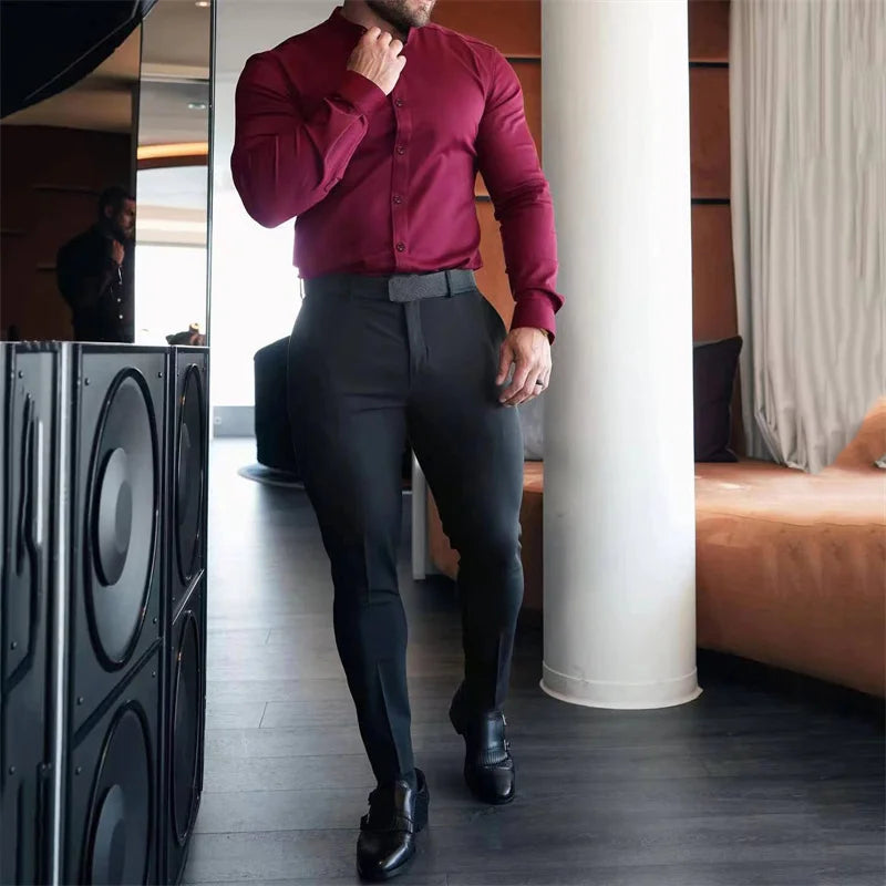 High Elasticity GYM Long Sleeved Men's Shirt Solid Summer Casual Standing Collar Shirt Hawaiian Street Wear Daily Men's Shirt