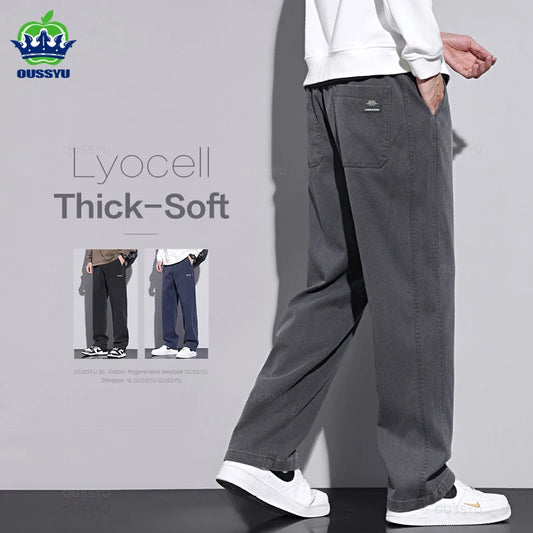 New Upgraded Autumn Winter Soft Cosy Lyocell Fabric Men's Pants Baggy Straight Elastic Waist Thick Wide Trousers Male Oversized