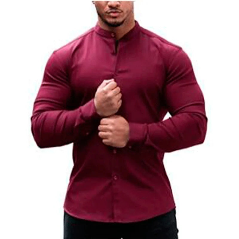 High Elasticity GYM Long Sleeved Men's Shirt Solid Summer Casual Standing Collar Shirt Hawaiian Street Wear Daily Men's Shirt