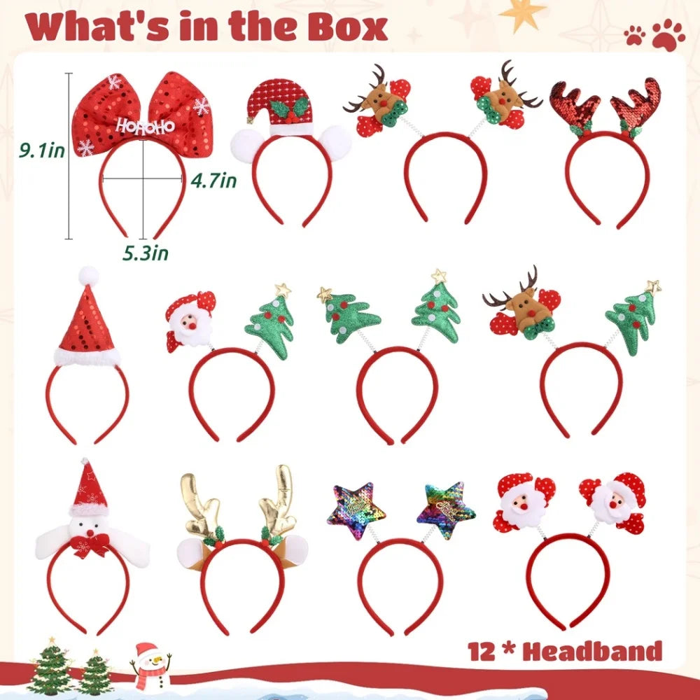 12Pcs/Set Cute Christmas Headbands Christmas Hair Hoop Santa Claus Hair Band Reindeer Head Hat Toppers Funny Holiday Headband