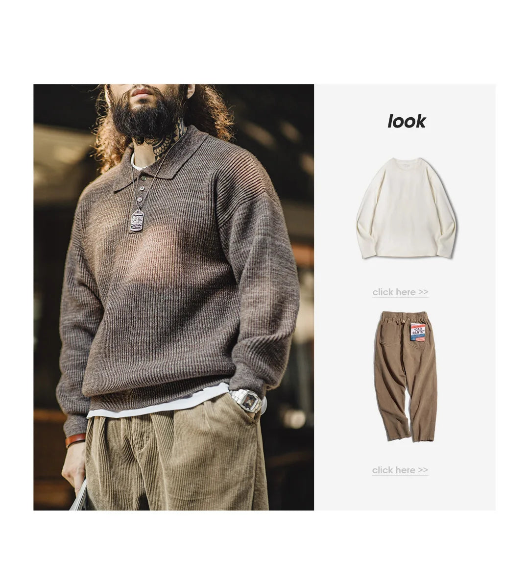 Maden Retro Knitted Polo Shirt Loose Coffee Color Lapel Sweater Autumn Winter Men's Uncle Fu Jumper Casual Knitwear
