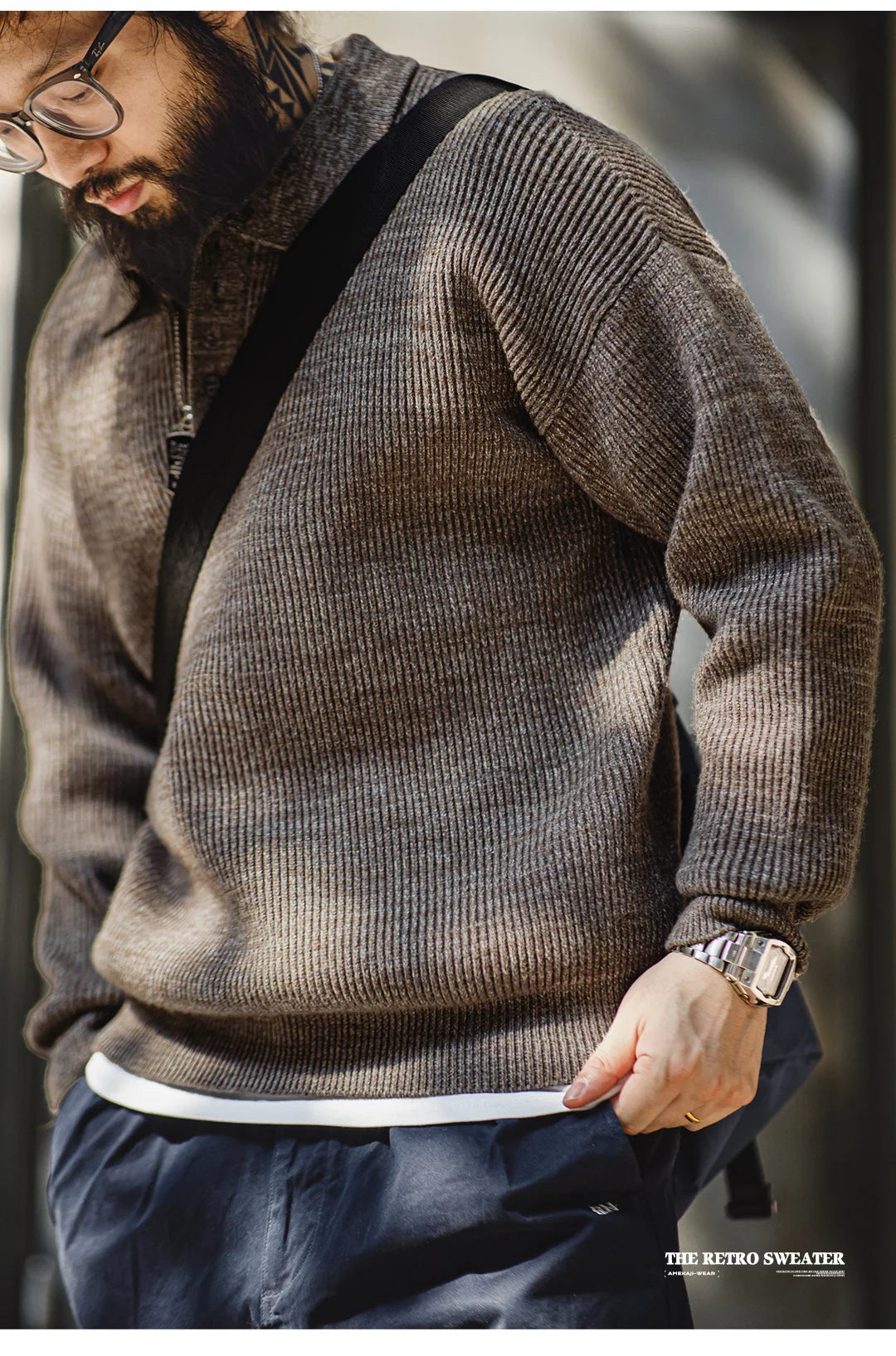 Maden Retro Knitted Polo Shirt Loose Coffee Color Lapel Sweater Autumn Winter Men's Uncle Fu Jumper Casual Knitwear