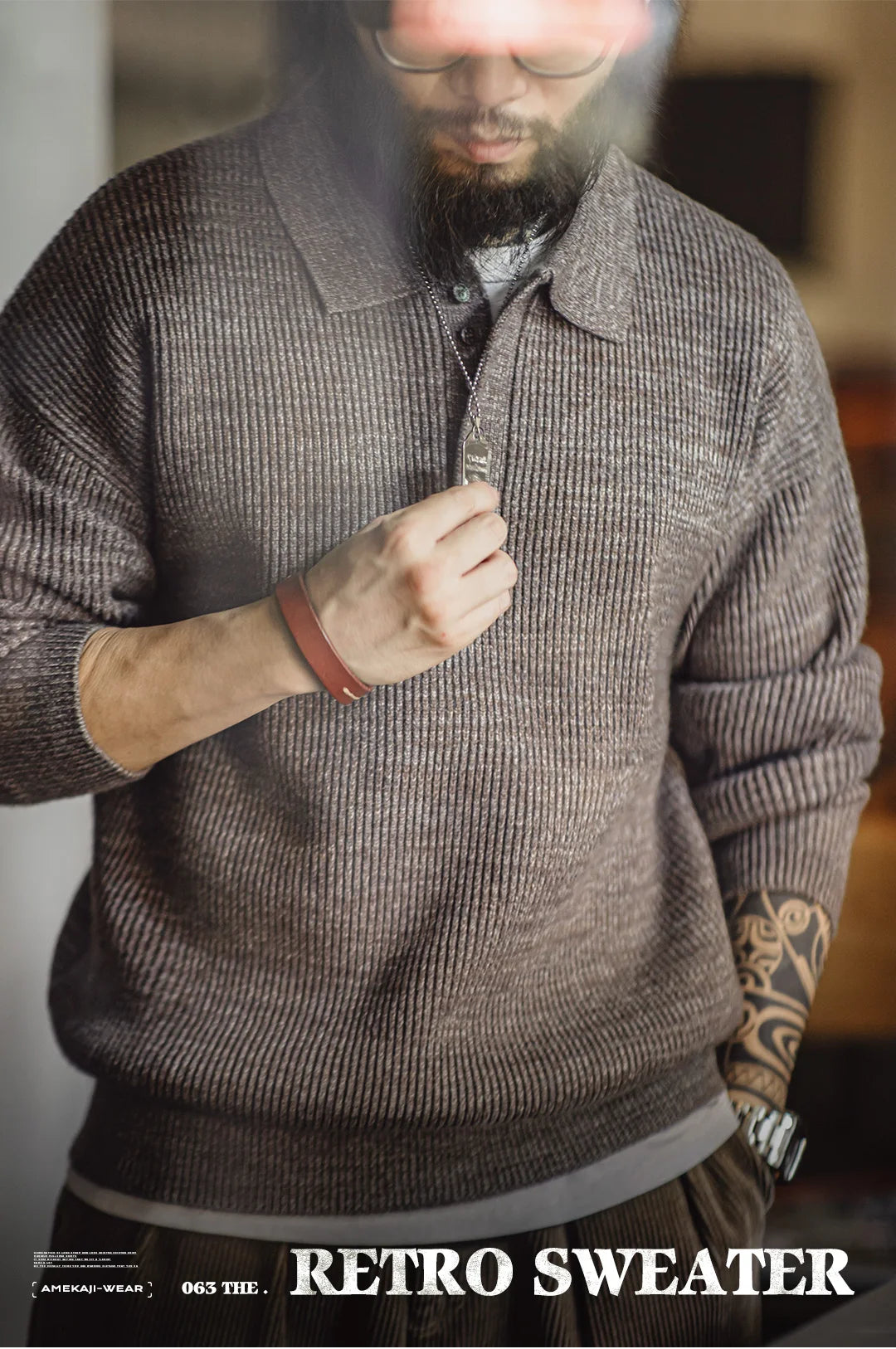Maden Retro Knitted Polo Shirt Loose Coffee Color Lapel Sweater Autumn Winter Men's Uncle Fu Jumper Casual Knitwear