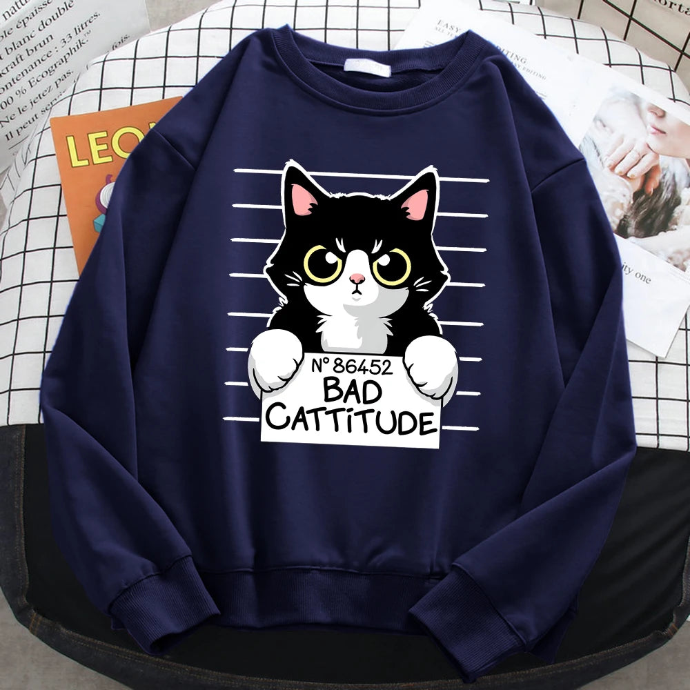 Autumn Winter Womens Pullover No86452 Bad Cattitude Funny Cat Print Hoodie Fleece All-Math Sweatshirts Warm Crewneck Ladies Tops