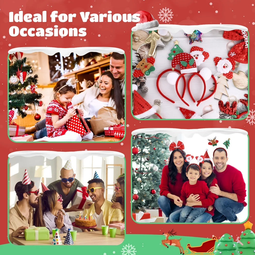 12Pcs/Set Cute Christmas Headbands Christmas Hair Hoop Santa Claus Hair Band Reindeer Head Hat Toppers Funny Holiday Headband