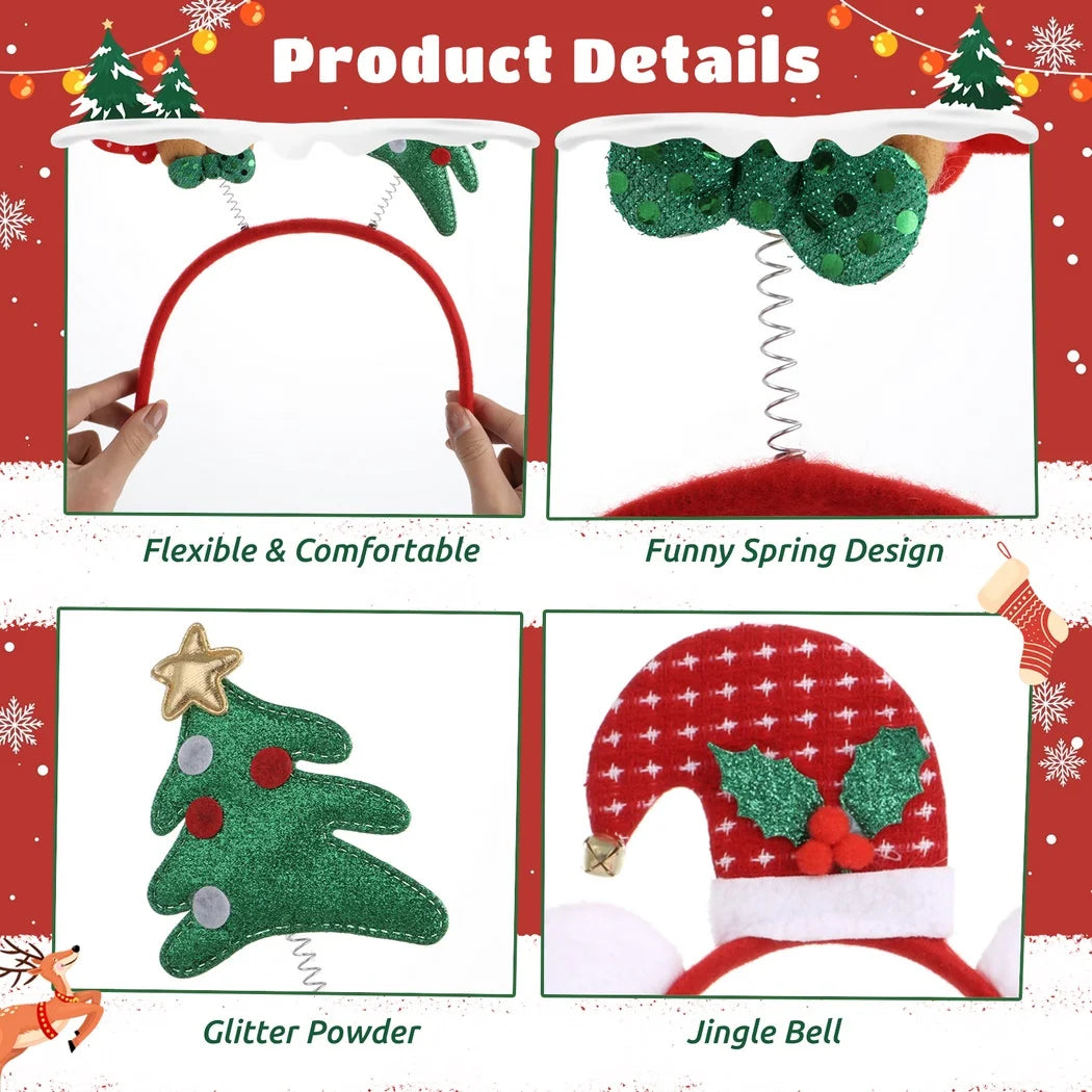 12Pcs/Set Cute Christmas Headbands Christmas Hair Hoop Santa Claus Hair Band Reindeer Head Hat Toppers Funny Holiday Headband
