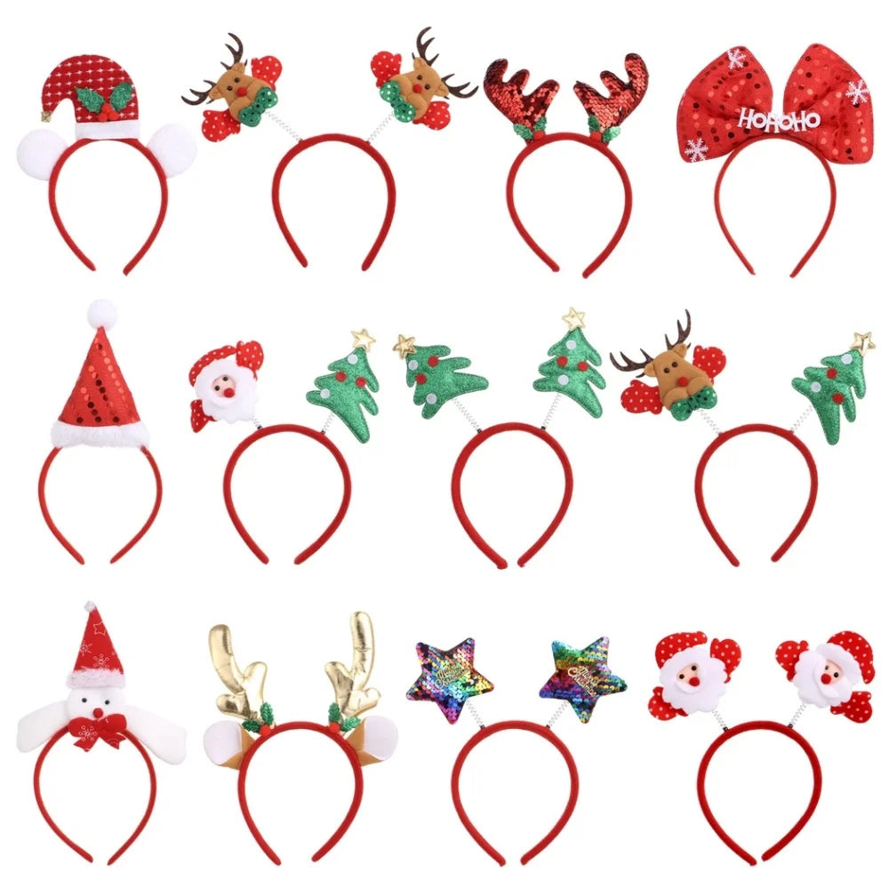 12Pcs/Set Cute Christmas Headbands Christmas Hair Hoop Santa Claus Hair Band Reindeer Head Hat Toppers Funny Holiday Headband
