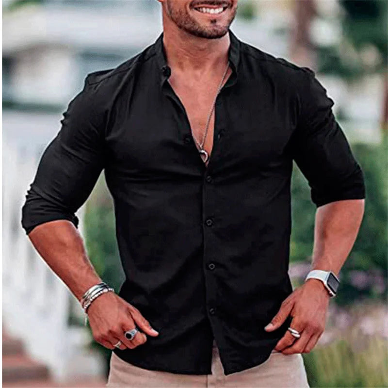 High Elasticity GYM Long Sleeved Men's Shirt Solid Summer Casual Standing Collar Shirt Hawaiian Street Wear Daily Men's Shirt