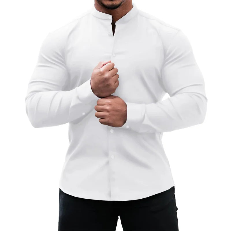 High Elasticity GYM Long Sleeved Men's Shirt Solid Summer Casual Standing Collar Shirt Hawaiian Street Wear Daily Men's Shirt