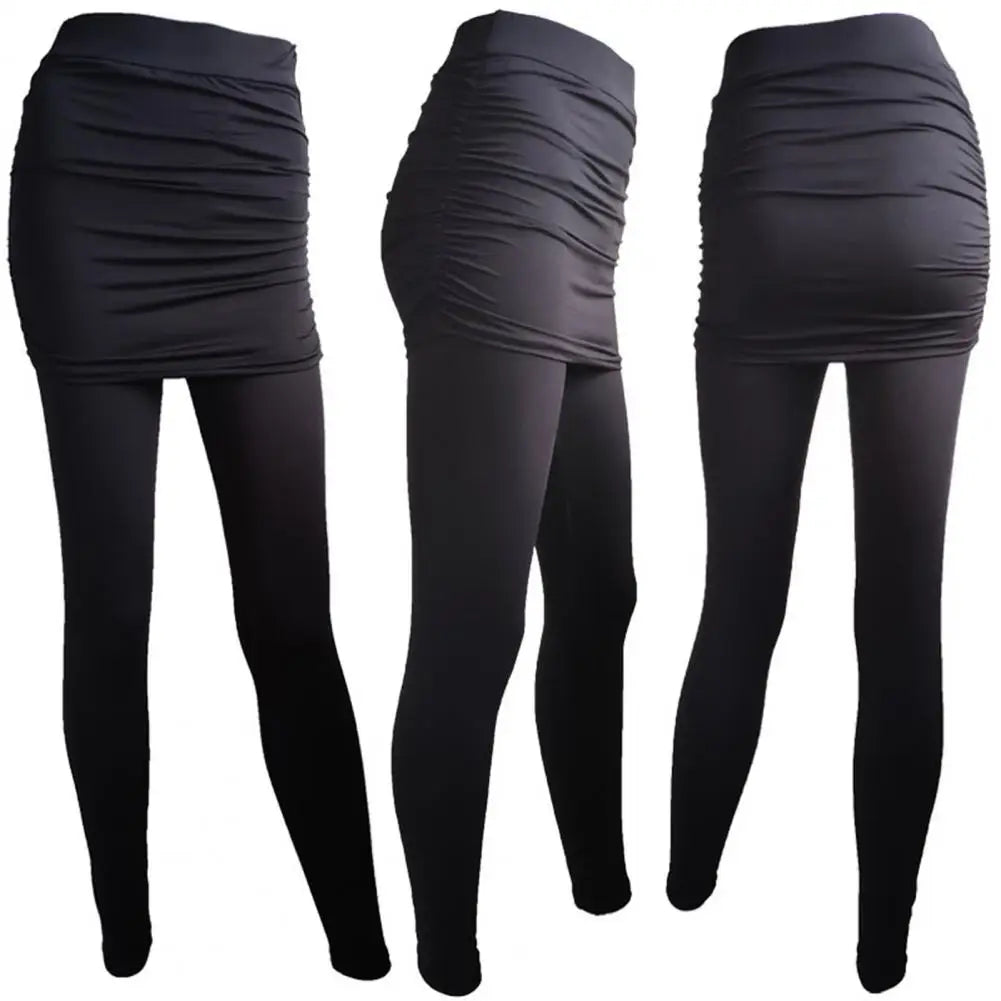 Fake Two Piece Leggings Pants Slim Leggings Women Pants Pack Hip Pleated Skirt Ladies Solid Color Bag Hip Side Trousers S-XXXL
