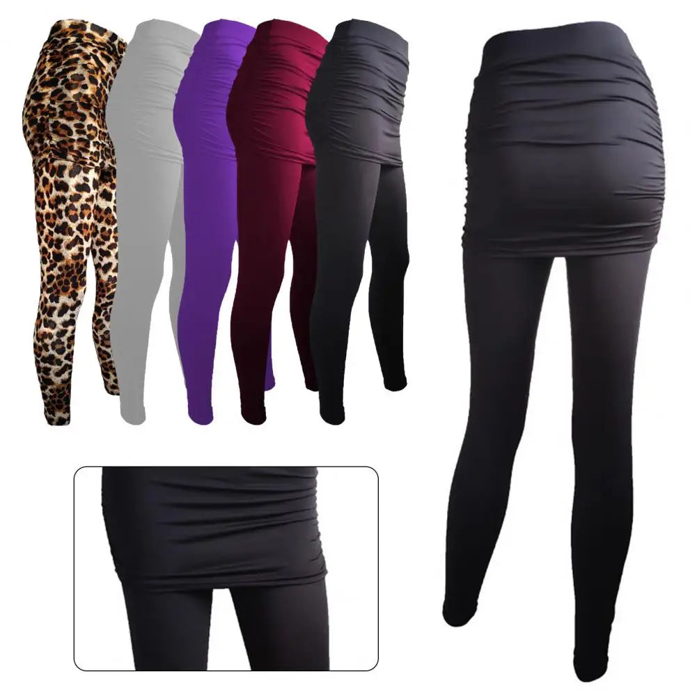 Fake Two Piece Leggings Pants Slim Leggings Women Pants Pack Hip Pleated Skirt Ladies Solid Color Bag Hip Side Trousers S-XXXL